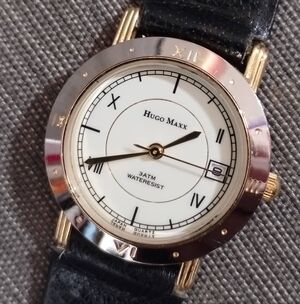 Hugo Maxx 18k Gold Plated Watch, Italian Design, New Battery, Black Leather Band
